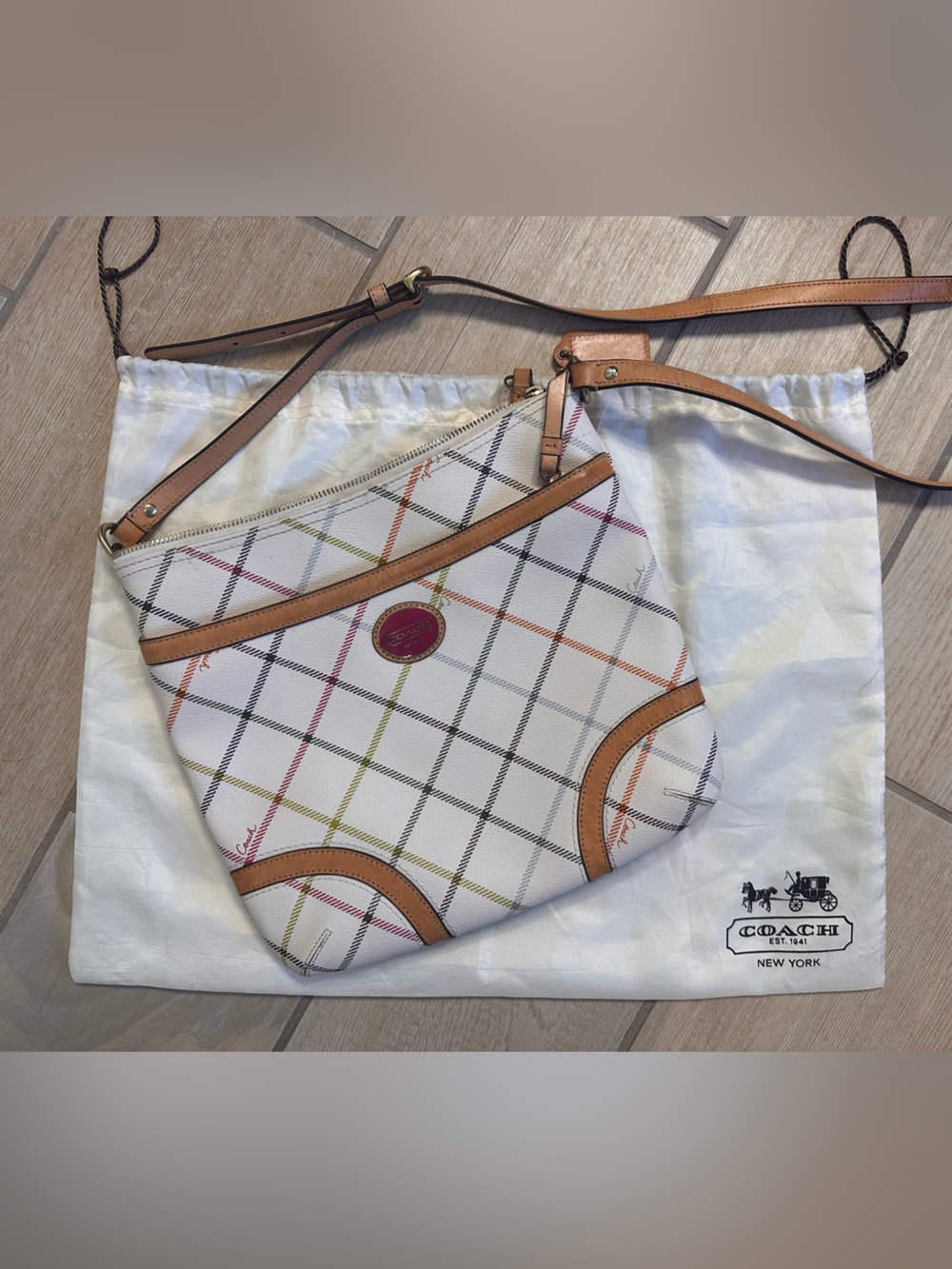 Coach White Plaid Crossbody with Tan Trim and Multicolor Lines